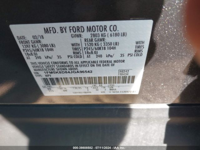 Photo 8 VIN: 1FM5K8D84JGA96542 - FORD EXPLORER 