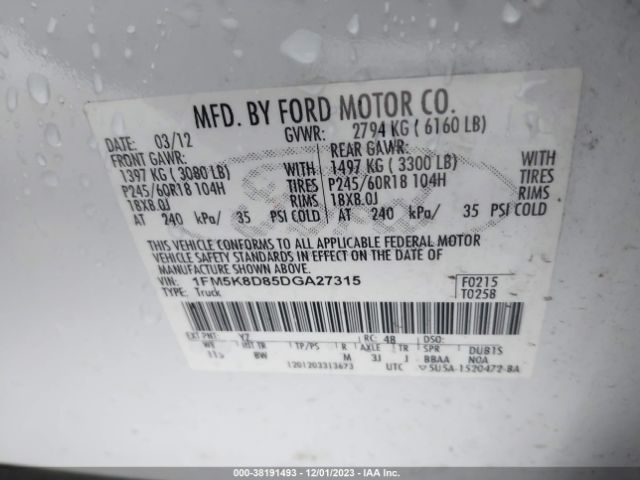 Photo 8 VIN: 1FM5K8D85DGA27315 - FORD EXPLORER 