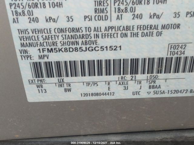 Photo 8 VIN: 1FM5K8D85JGC51521 - FORD EXPLORER 