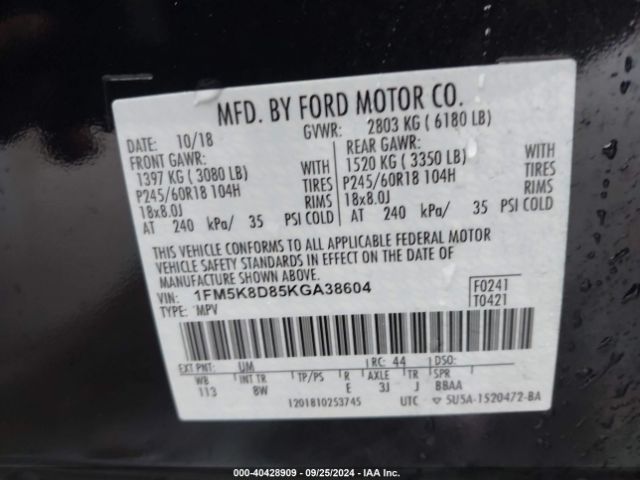 Photo 8 VIN: 1FM5K8D85KGA38604 - FORD EXPLORER 