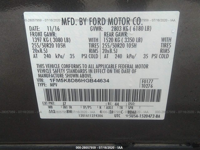 Photo 8 VIN: 1FM5K8D86HGB44634 - FORD EXPLORER 