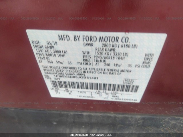 Photo 8 VIN: 1FM5K8D86JGB81401 - FORD EXPLORER 