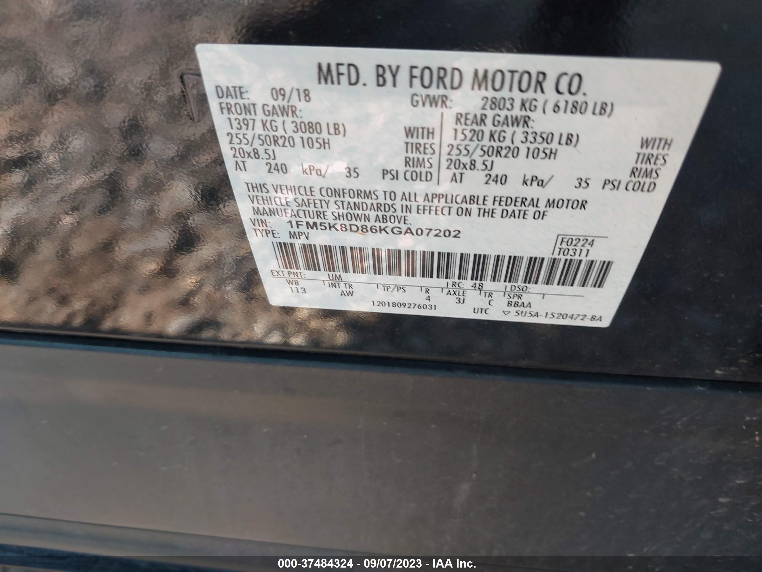 Photo 8 VIN: 1FM5K8D86KGA07202 - FORD EXPLORER 