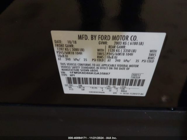 Photo 8 VIN: 1FM5K8D86KGA35887 - FORD EXPLORER 