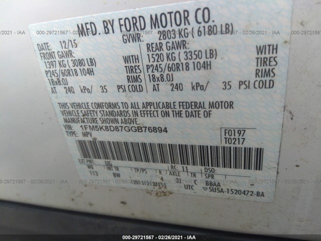 Photo 8 VIN: 1FM5K8D87GGB76894 - FORD EXPLORER 