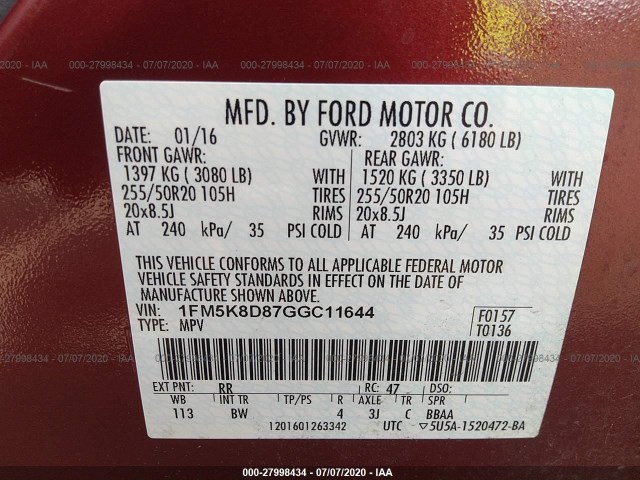 Photo 8 VIN: 1FM5K8D87GGC11644 - FORD EXPLORER 