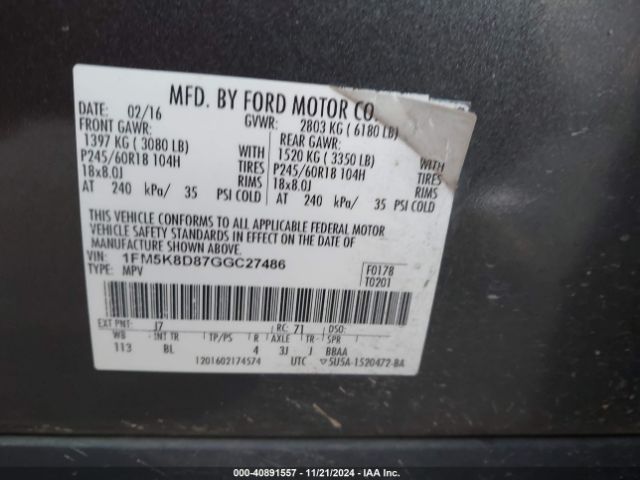 Photo 8 VIN: 1FM5K8D87GGC27486 - FORD EXPLORER 