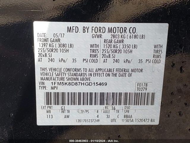 Photo 8 VIN: 1FM5K8D87HGD15469 - FORD EXPLORER 