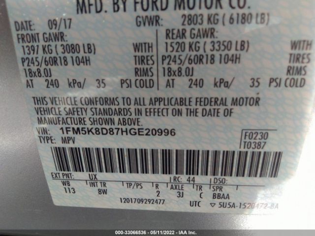 Photo 8 VIN: 1FM5K8D87HGE20996 - FORD EXPLORER 