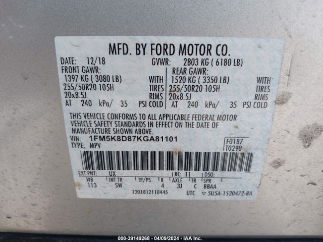 Photo 8 VIN: 1FM5K8D87KGA81101 - FORD EXPLORER 