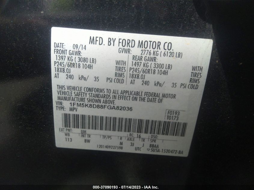 Photo 8 VIN: 1FM5K8D88FGA82036 - FORD EXPLORER 