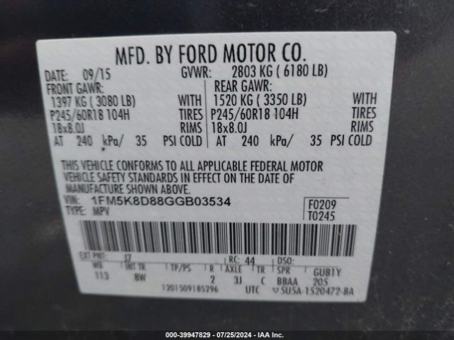 Photo 8 VIN: 1FM5K8D88GGB03534 - FORD EXPLORER 