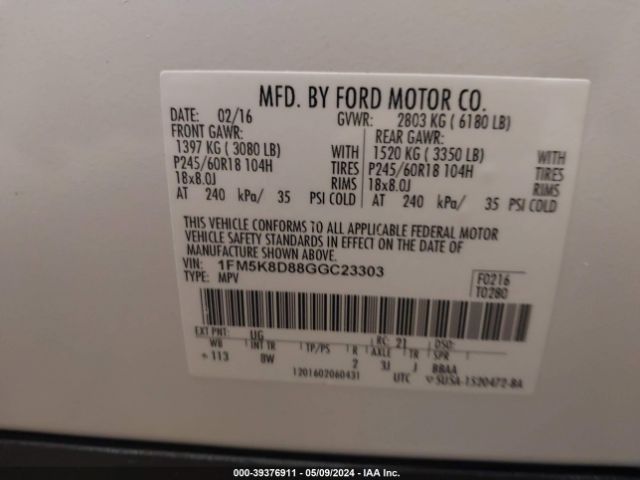 Photo 8 VIN: 1FM5K8D88GGC23303 - FORD EXPLORER 