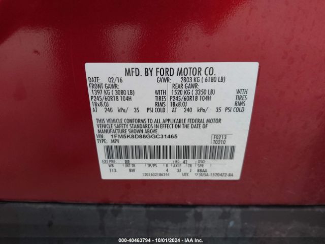 Photo 8 VIN: 1FM5K8D88GGC31465 - FORD EXPLORER 