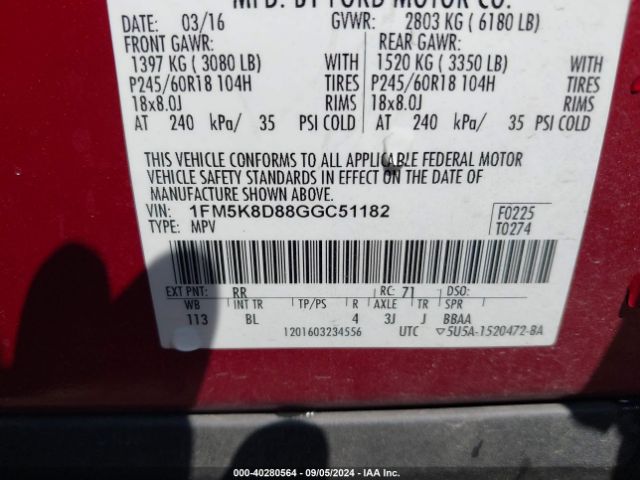 Photo 8 VIN: 1FM5K8D88GGC51182 - FORD EXPLORER 