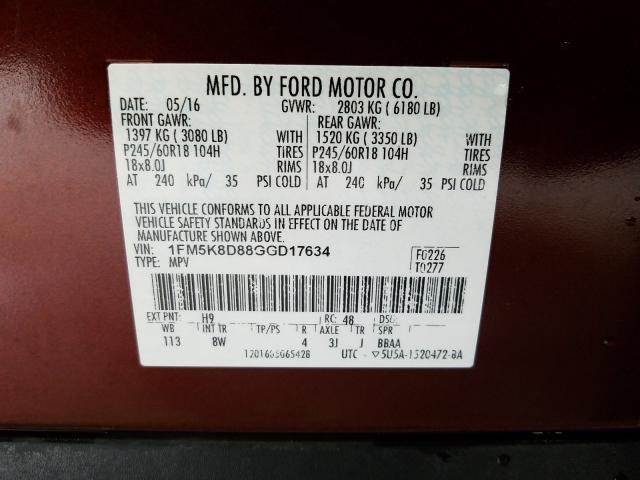 Photo 9 VIN: 1FM5K8D88GGD17634 - FORD EXPLORER 