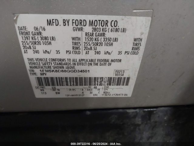 Photo 8 VIN: 1FM5K8D88GGD34501 - FORD EXPLORER 