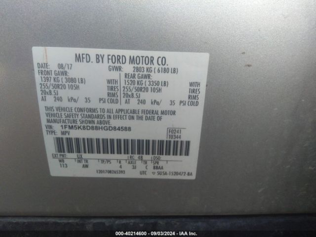 Photo 8 VIN: 1FM5K8D88HGD84588 - FORD EXPLORER 