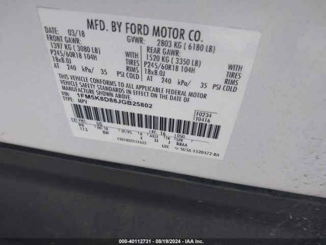 Photo 8 VIN: 1FM5K8D88JGB25802 - FORD EXPLORER 