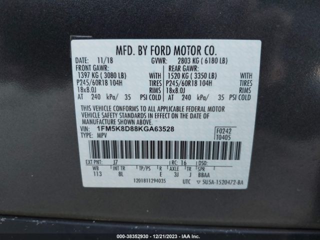 Photo 8 VIN: 1FM5K8D88KGA63528 - FORD EXPLORER 