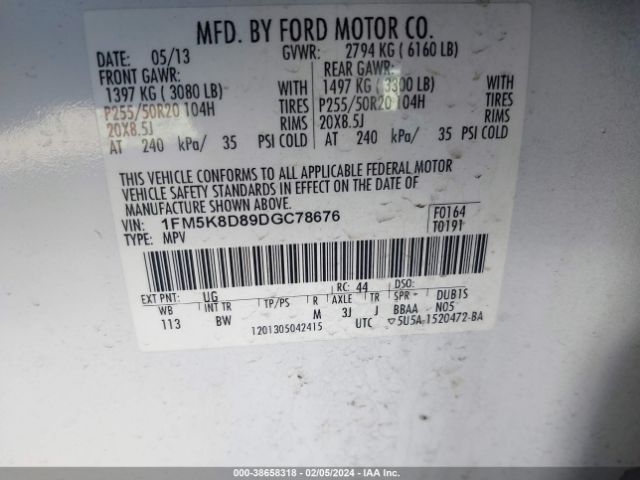 Photo 8 VIN: 1FM5K8D89DGC78676 - FORD EXPLORER 