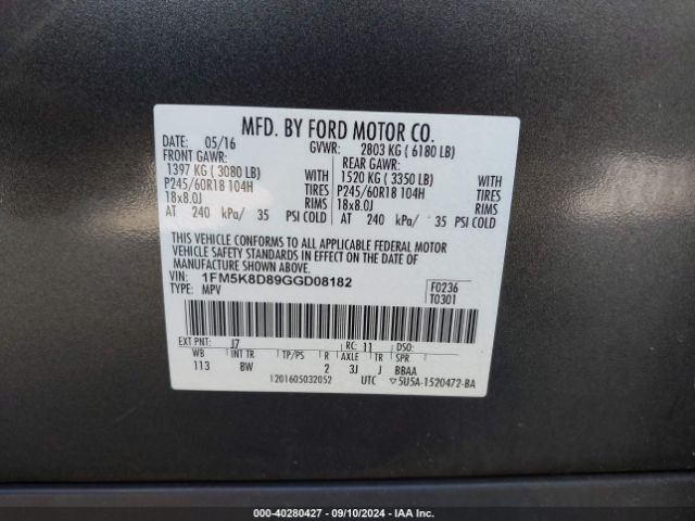 Photo 8 VIN: 1FM5K8D89GGD08182 - FORD EXPLORER 