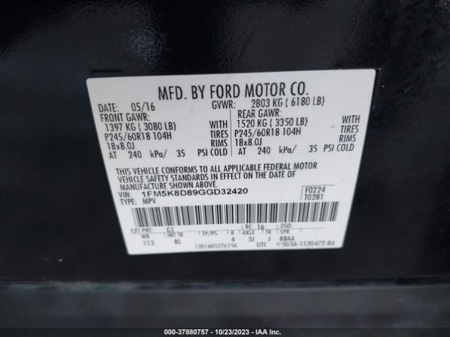 Photo 8 VIN: 1FM5K8D89GGD32420 - FORD EXPLORER 