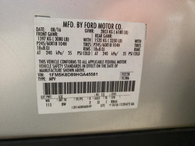 Photo 9 VIN: 1FM5K8D89HGA45581 - FORD EXPLORER X 