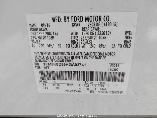 Photo 8 VIN: 1FM5K8D89HGA92741 - FORD EXPLORER 