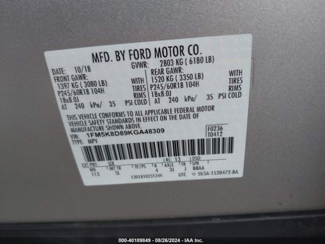 Photo 8 VIN: 1FM5K8D89KGA48309 - FORD EXPLORER 