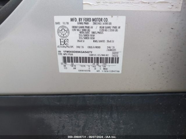 Photo 8 VIN: 1FM5K8D89KGA54272 - FORD EXPLORER 