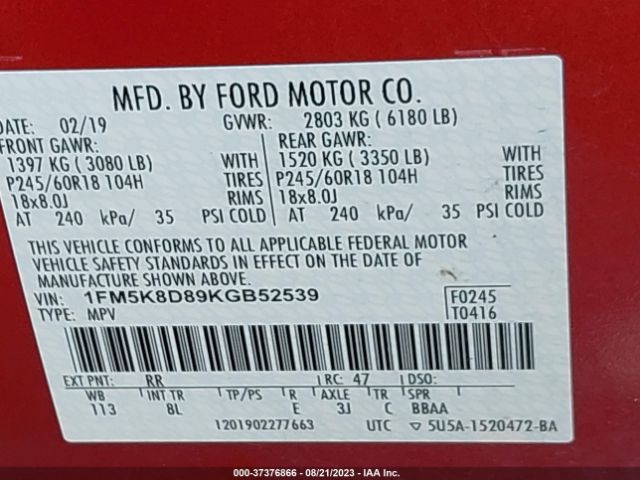 Photo 8 VIN: 1FM5K8D89KGB52539 - FORD EXPLORER 