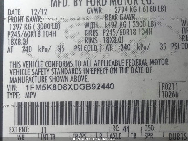 Photo 8 VIN: 1FM5K8D8XDGB92440 - FORD EXPLORER 