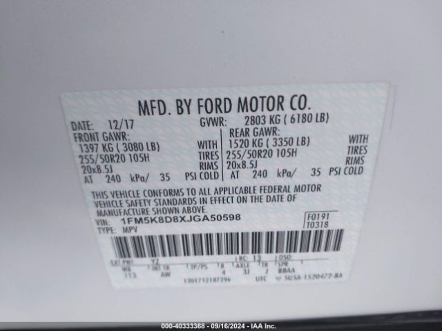 Photo 8 VIN: 1FM5K8D8XJGA50598 - FORD EXPLORER 