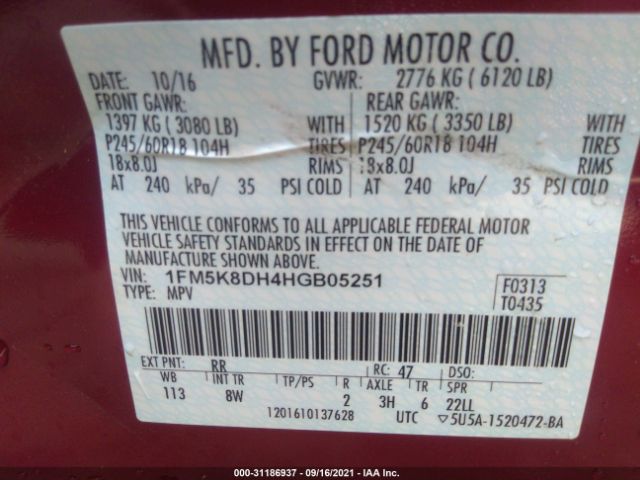 Photo 8 VIN: 1FM5K8DH4HGB05251 - FORD EXPLORER 