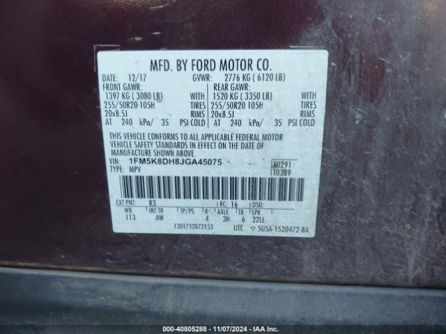 Photo 8 VIN: 1FM5K8DH8JGA45075 - FORD EXPLORER 