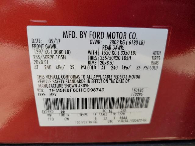 Photo 12 VIN: 1FM5K8F80HGC98740 - FORD EXPLORER L 