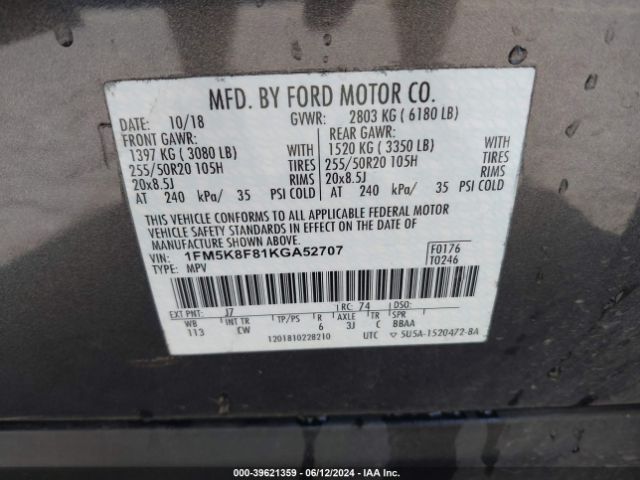 Photo 8 VIN: 1FM5K8F81KGA52707 - FORD EXPLORER 