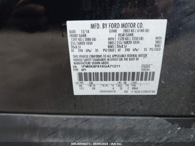 Photo 8 VIN: 1FM5K8F81KGA71211 - FORD EXPLORER 