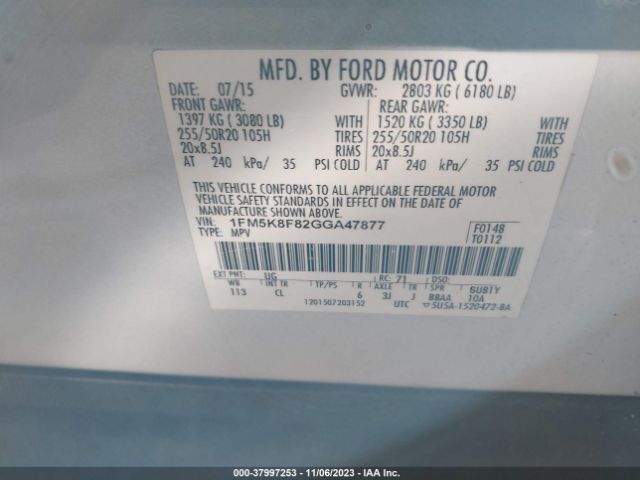 Photo 8 VIN: 1FM5K8F82GGA47877 - FORD EXPLORER 