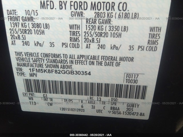 Photo 8 VIN: 1FM5K8F82GGB30354 - FORD EXPLORER 