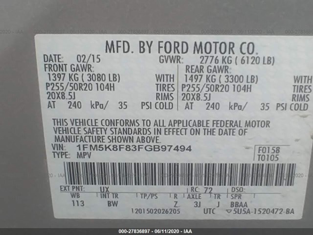 Photo 8 VIN: 1FM5K8F83FGB97494 - FORD EXPLORER 