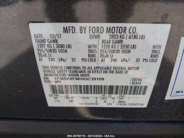 Photo 8 VIN: 1FM5K8F86HGC39109 - FORD EXPLORER 