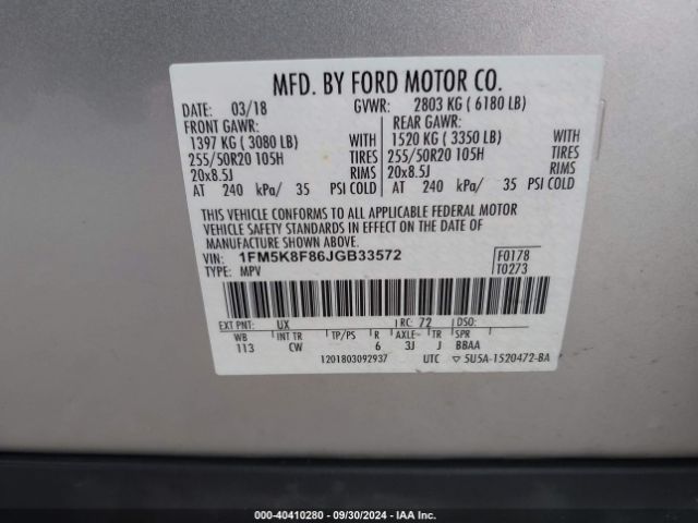 Photo 8 VIN: 1FM5K8F86JGB33572 - FORD EXPLORER 