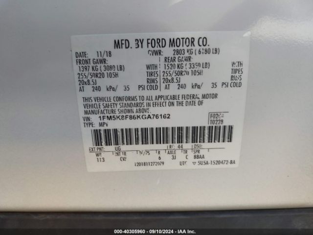 Photo 8 VIN: 1FM5K8F86KGA76162 - FORD EXPLORER 