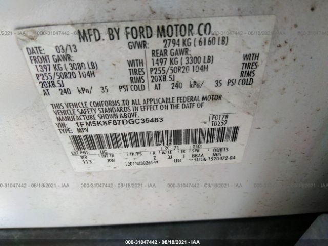 Photo 8 VIN: 1FM5K8F87DGC35483 - FORD EXPLORER 