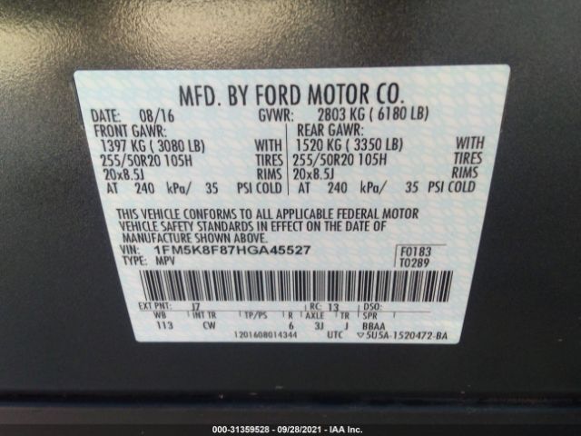 Photo 8 VIN: 1FM5K8F87HGA45527 - FORD EXPLORER 