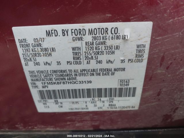 Photo 8 VIN: 1FM5K8F87HGC33139 - FORD EXPLORER 