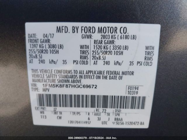 Photo 8 VIN: 1FM5K8F87HGC69672 - FORD EXPLORER 