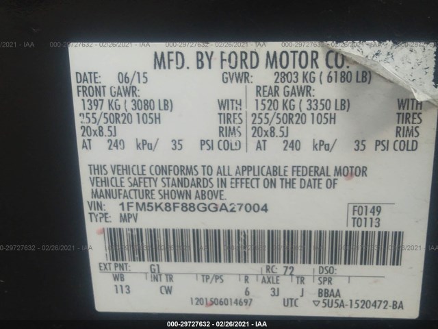 Photo 8 VIN: 1FM5K8F88GGA27004 - FORD EXPLORER 